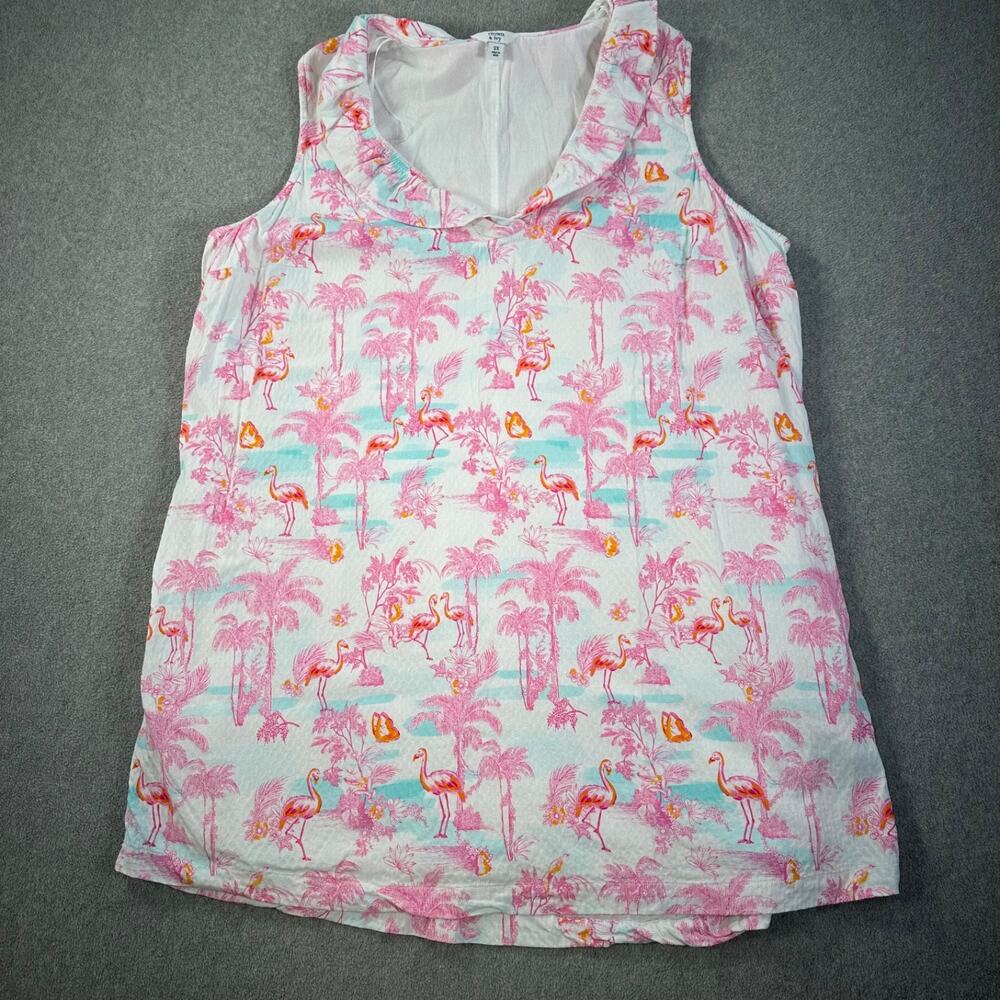 Crown & Ivy Flamingo Print Ruffle Neckline Sleeveless Dress Women's 2X Pink Palm